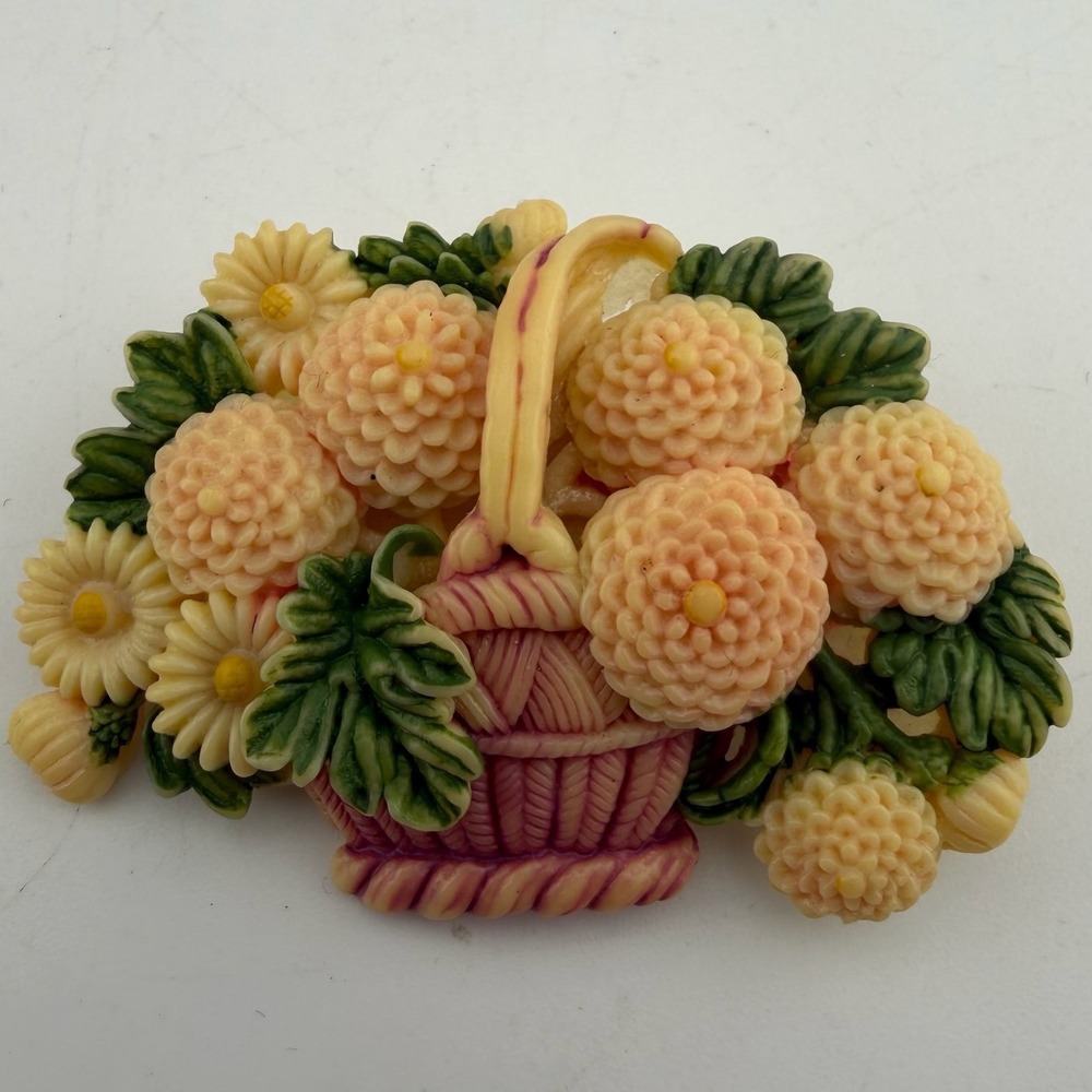 Vintage Multicolor Japan Flower Basket Brooch Floral Resin Pin